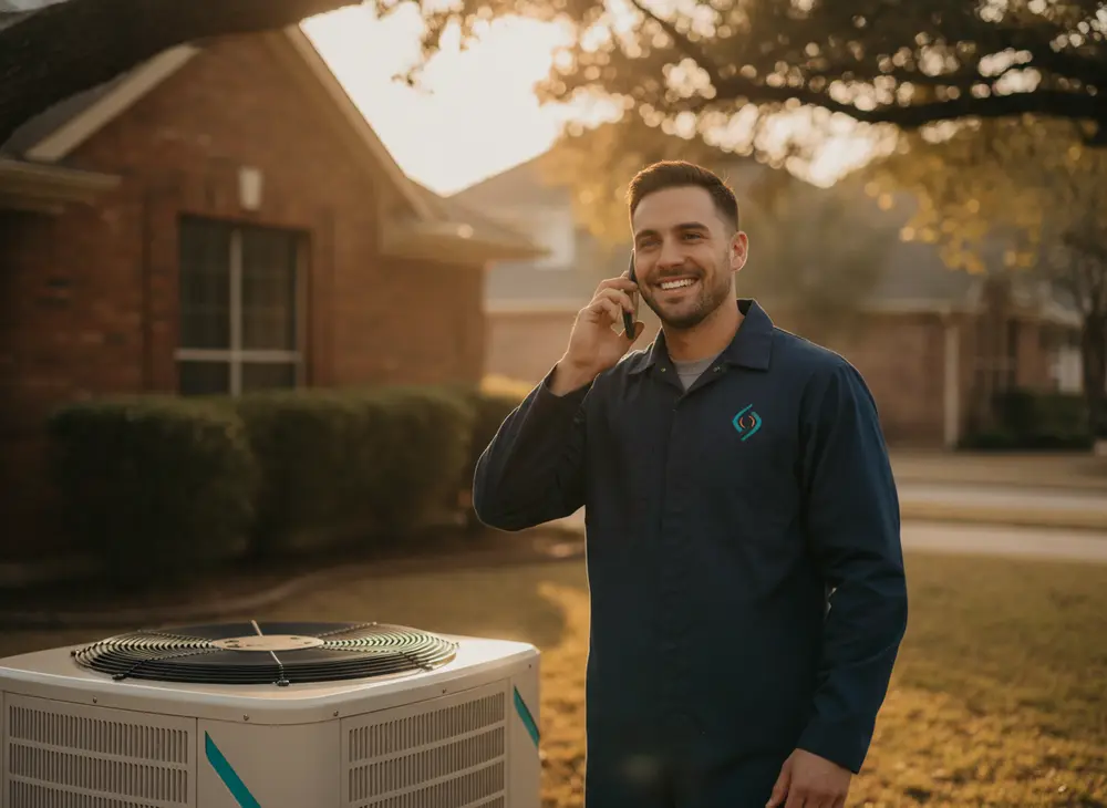 HVAC technician taking a homeowner's call beside a residential AC unit