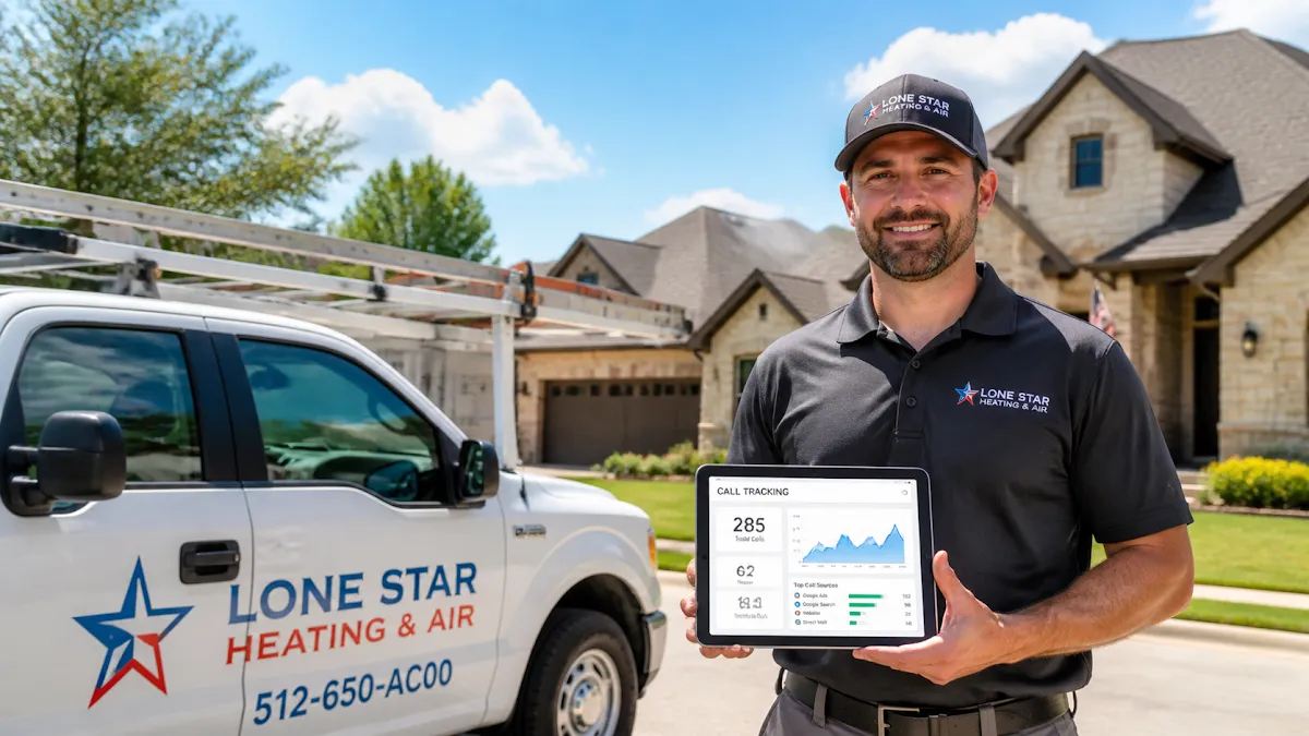 HVAC contractor with call-tracking tablet by his truck